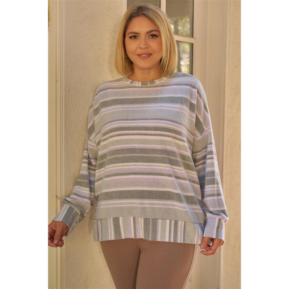 Plus Sage & Lavender Stripped Super Soft Sweatshirt - Picture 1 of 6